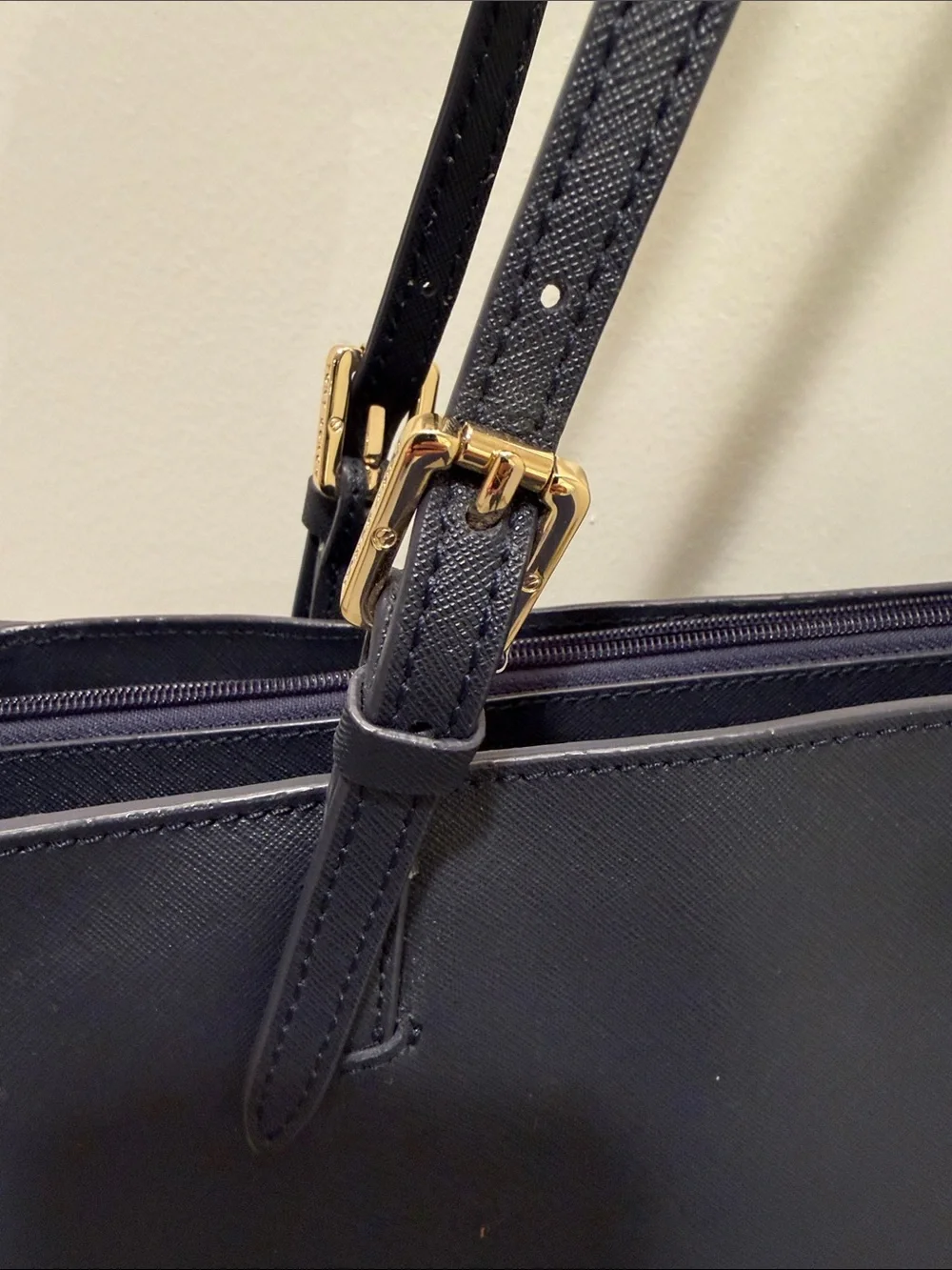 Tory Burch Navy Leather Double-Handle Tote with Gold Logo